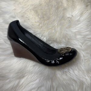 Tory Burch Black Caroline Patent Leather Wedge Heels